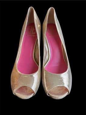 Lilly Pulitzer Metallic Gold Peep-Toe Heels with Pink Insole